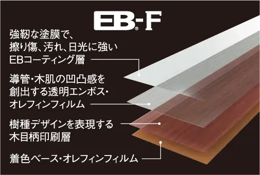 強靭な塗膜で、擦り傷、汚れ、日光に強いEBコーティング層/導管・木肌の凹凸感を創出する透明エンボス・オレフィンフィルム/樹種デザインを表現する木目柄印刷層/着色ベース・オレフィンフィルム